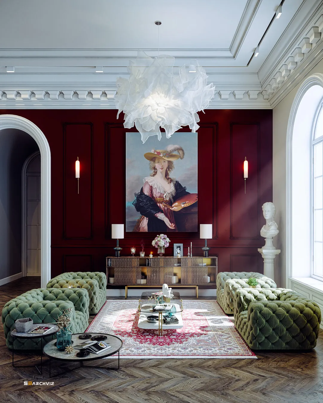 About S2ArchViz, Neo-classic interior design rendering of a luxurious living room with elegant decor and natural lighting.
