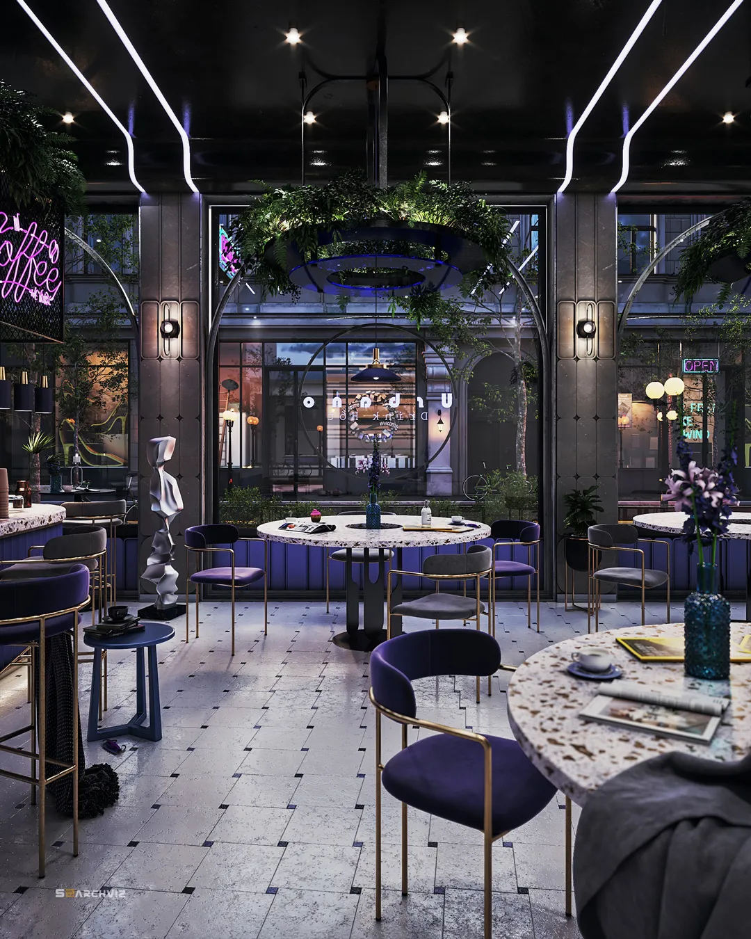 About S2ArchViz, Interior rendering of a modern cafe with conceptual design, featuring vibrant colors and artistic lighting.