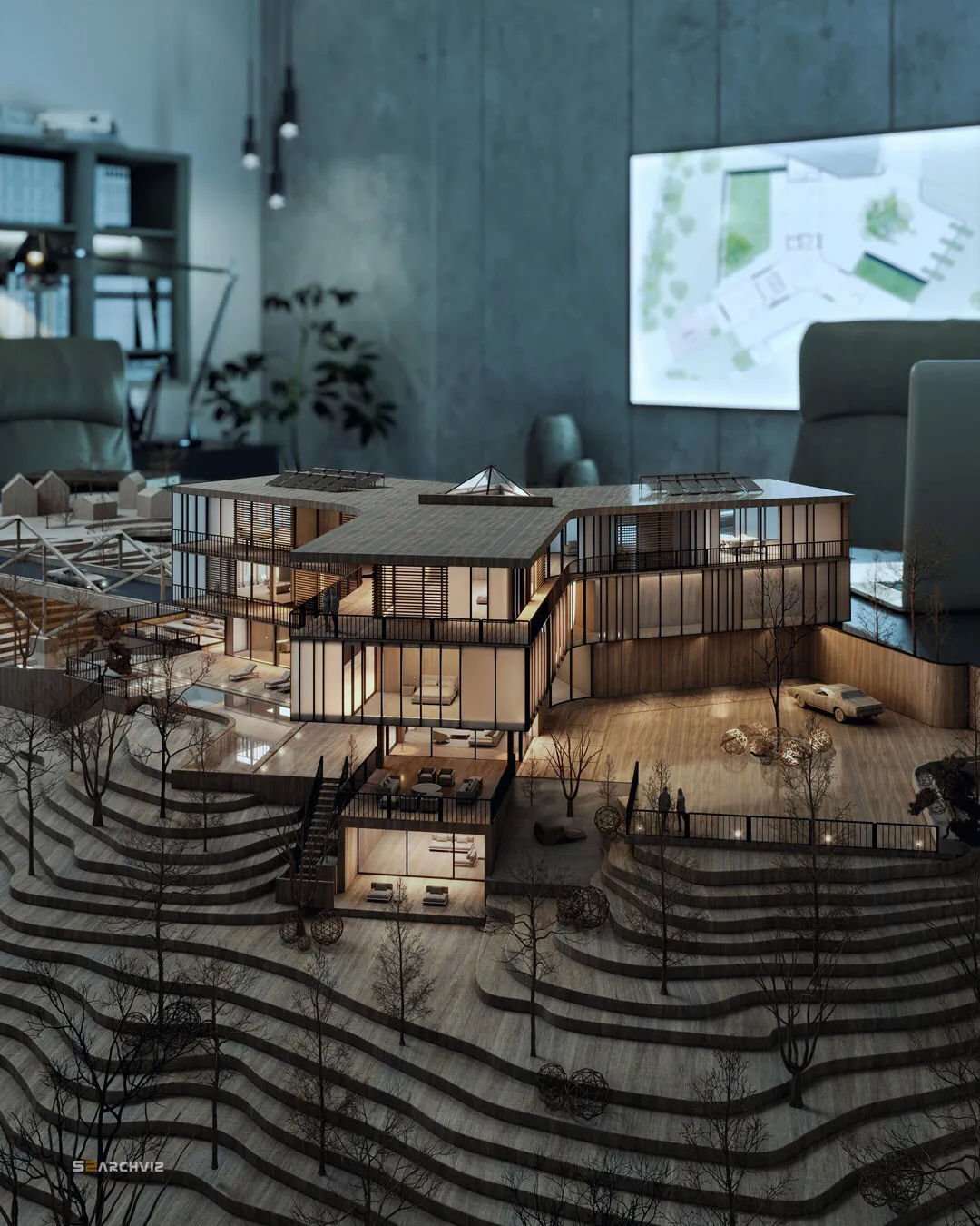 About S2ArchViz, Scale model rendering of a conceptual architectural design in an office setting.