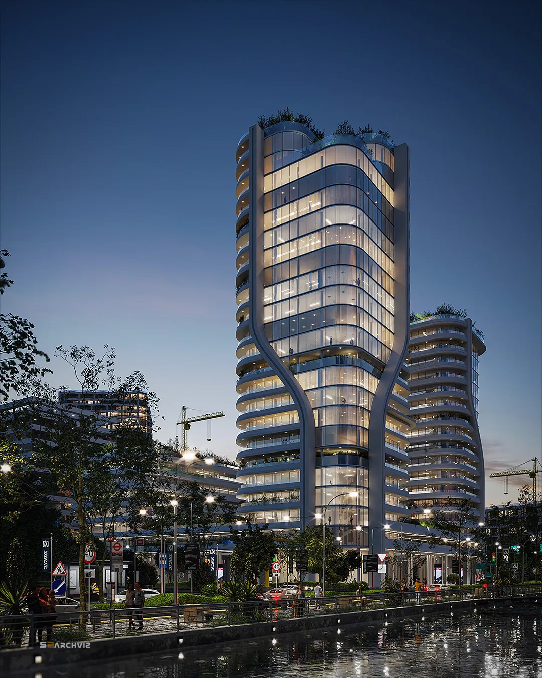 About S2ArchViz, High-rise tower rendering at night, city view with detailed architectural visualization, S2ArchViz portfolio.