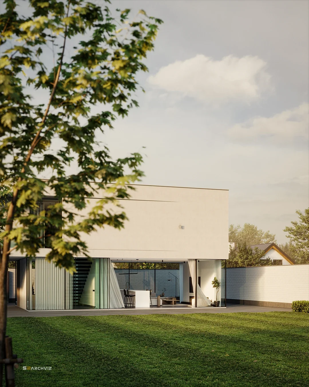 virtual reality (VR360), Backyard view of Villa Licht 11 featuring a minimalist villa exterior design in Belgium, with a modern open-plan layout and lush green lawn.