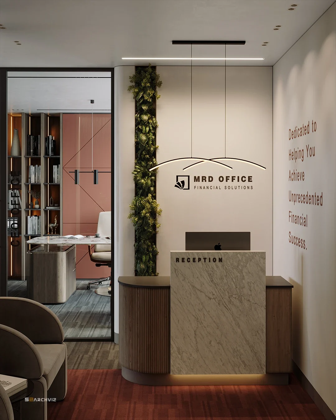 Virtual reality (VR360) of small modern office reception area in Dubai with marble desk, greenery accents, and motivational wall text by S2ArchViz Studio.